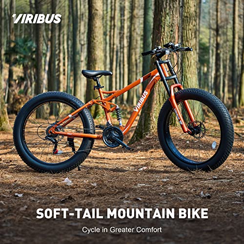 Viribus Fat Tire Bike Mens Mountain Bike Full Suspension 21 Speed Aluminium Alloy Frame 26" MTB Adult Bicycle Orange