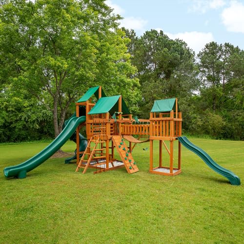 Gorilla Playsets Treasure Trove II Wood Swing Set with Green Vinyl Canopy, Clatter Bridge & 3 Slides Amber
