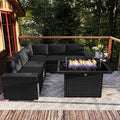 Vakollia 7-Piece Patio Furniture Set with 44" Propane Fire Pit Table, Outdoor Wicker Sofa Sets A2/Black-Black