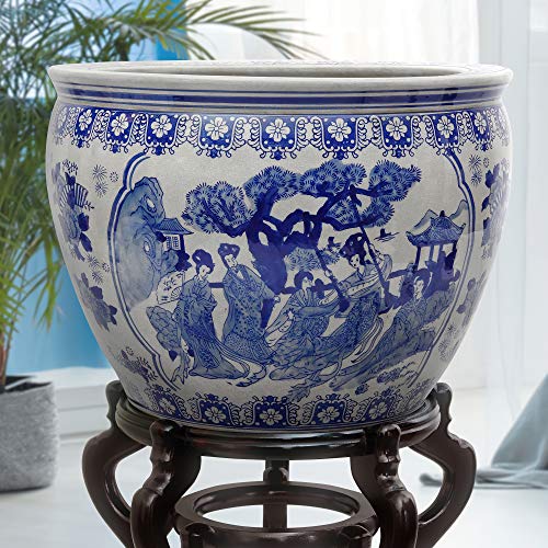 Red Lantern Large 20" Ladies Blue Porcelain Fishbowl Planter