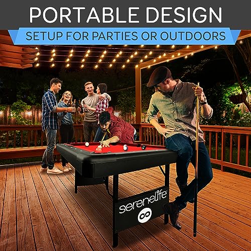 SereneLife 6-Ft Folding Pool Table - Portable Billiard Table - Includes 2X Cue Sticks, Full Set of Balls, Chalk, Brush - Foldable Pool Table for Kids and Adults (Red)