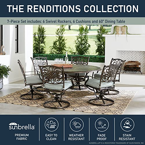 Hanover Renditions 7 Piece Outdoor Dining Set with 60" Round Table and Swivel Chairs Mist