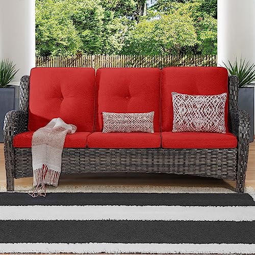 MeetLeisure 8-Piece Wicker Patio Furniture Set with Sofa, Swivel Rocking Chairs, Ottomans, and Side Table Red