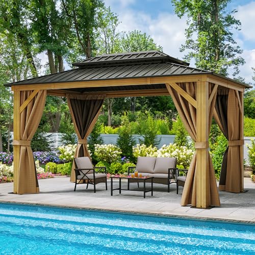 YITAHOME 10x12ft Hardtop Gazebo with Nettings and Curtains Brown