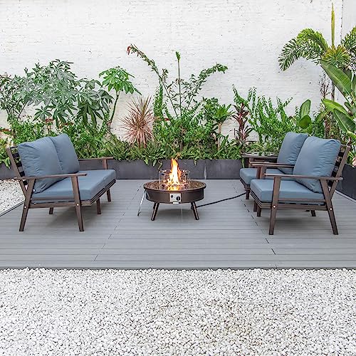 LeisureMod Walbrooke Modern Aluminum 5-Piece Patio Conversation Set with Firepit Table Navy Blue
