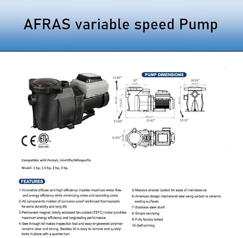 Afras Pool Pump 2 HP Variable Speed Pentair Compatible Black
