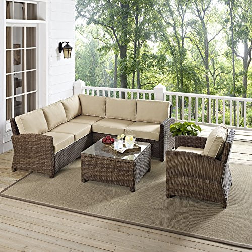 Crosley Furniture Bradenton 5-Piece Outdoor Sectional Sofa Set Brown with Sand Cushions