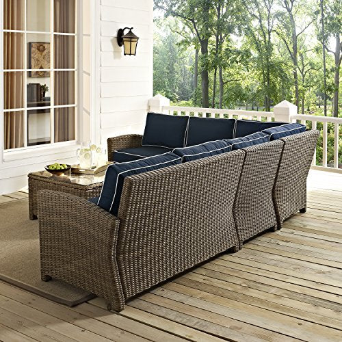 Crosley Furniture Bradenton 5-Piece Outdoor Sectional Sofa Set Brown with Navy Cushions