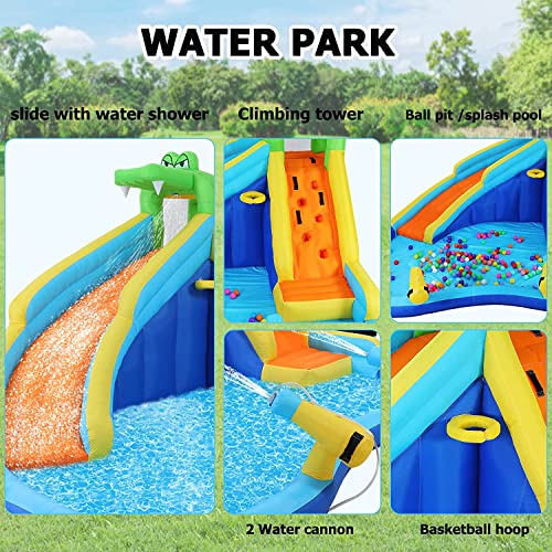 AKEYDIY 6-in-1 Blue Inflatable Water Slide Park for Kids