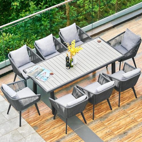 Astomi 9-Piece Outdoor Dining Set with Updated Longer Desk, All-Weather Resistant, Grey