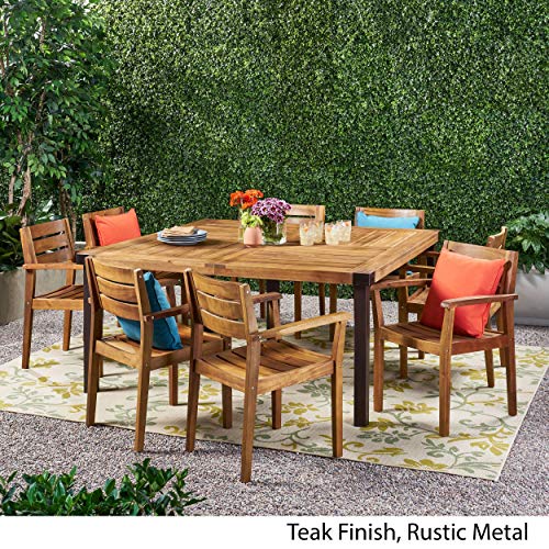 Great Deal Furniture GDFStudio Outdoor 8-Seater Acacia Wood Dining Set Teak Finish, Rustic Metal