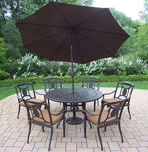 Oakland Living Victoria 9-Piece Patio Set with 54-Inch Table, 6 Cushioned Chairs & Umbrella Aged