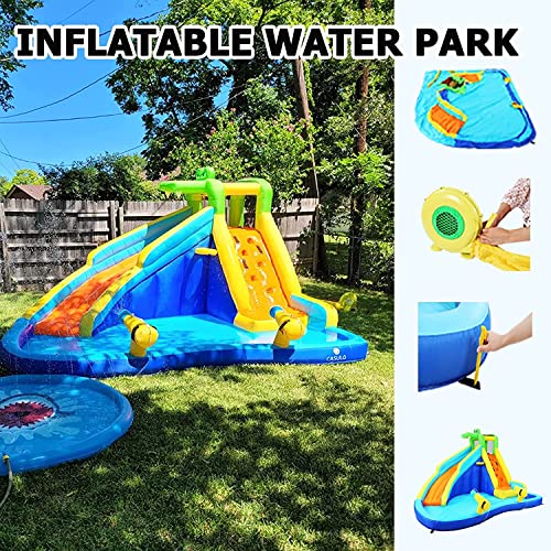 AKEYDIY 6-in-1 Blue Inflatable Water Slide Park for Kids