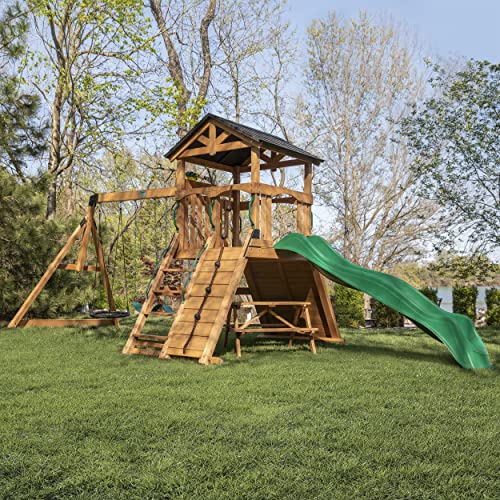 Backyard Discovery Endeavor II Cedar Swing Set Playset Green Wave Slide