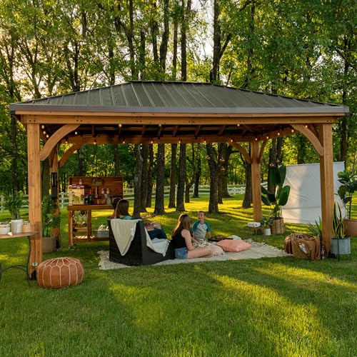 Backyard Discovery Barrington 14ft x 12ft Hip Roof Cedar Wood Gazebo Pavilion Light Brown