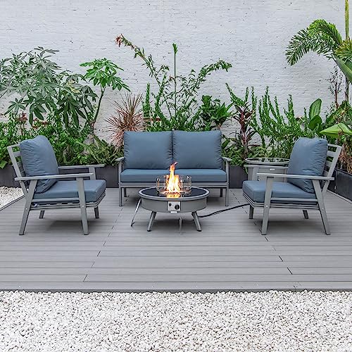 LeisureMod Walbrooke Modern Aluminum 5-Piece Patio Conversation Set with Firepit Navy Blue