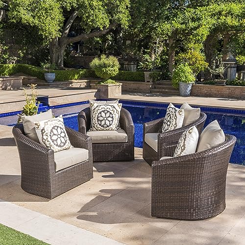 GDFStudio Outdoor Aluminum Framed Swivel Club Chair Set of 4 Mix Khaki