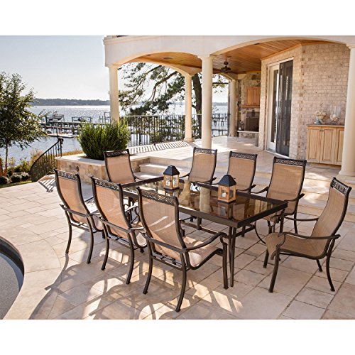Hanover Monaco 9-Piece Outdoor Dining Set with Glass Table and 8 Chairs Tan
