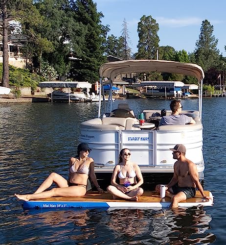 Inflatable Sport Boats Mini Mate Yacht Dock 10' x 3' Inflatable Water Platform White and Blue with Teak Foam Non-slip Top