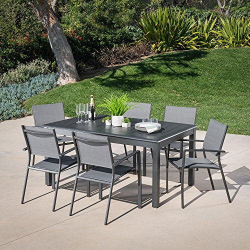 Hanover Cameron 7-Piece Modern Outdoor Dining Set with 6 Folding Sling Chairs and Expandable Table, Grey