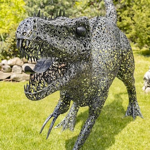 Zaer Ltd. 7.33ft Tall Giant Metal Tyrannosaurus Rex Garden Statue Chompers Metallic
