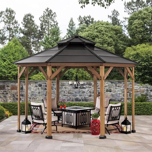 Sunjoy Ion Collection 13x13 ft Cedar Framed Octagon Wood Gazebo with Brown Steel Hardtop Roof