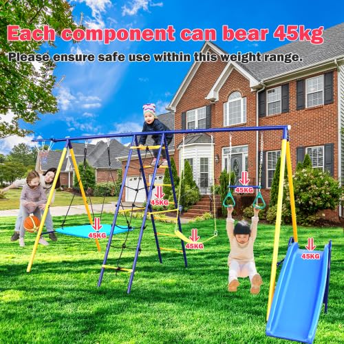 HaoKang 7-in-1 Outdoor Metal Swing Set with Slide & Accessories Blue
