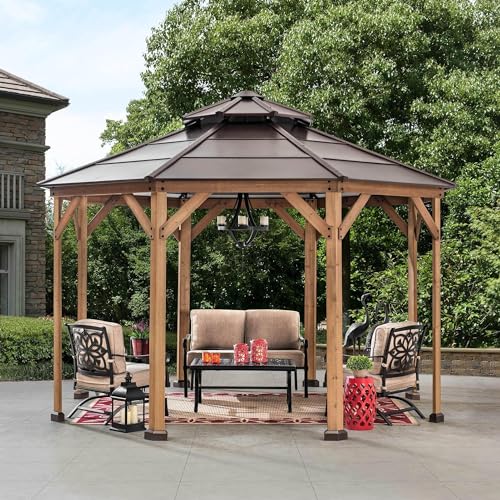 Sunjoy Ion Collection 13x13 ft Cedar Framed Octagon Wood Gazebo with Brown Steel Hardtop Roof