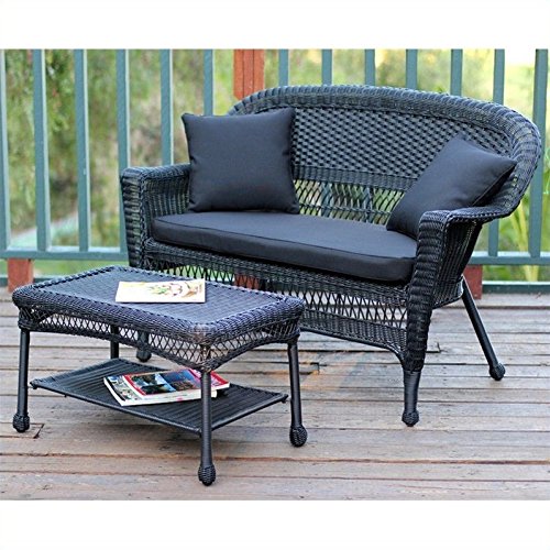 Jeco Wicker Patio Love Seat and Coffee Table Set Black