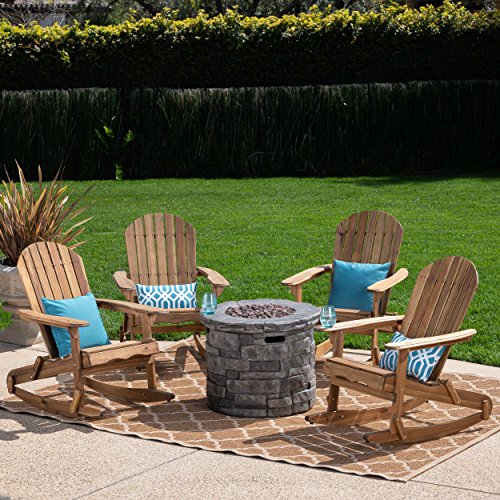 Great Deal Furniture Outdoor 5 Piece Acacia Wood Adirondack Rocking Chair Set with Fire Pit Grey + Natural