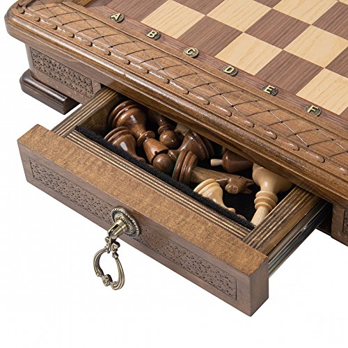 HandCraftoria 19.3" Handmade Wood Chess Set with Storage Drawer Bronze Symbols Brown