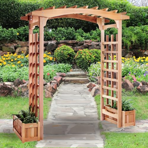 All Things Cedar 6-ft Cedar Garden Pagoda Arbor with Side Planters Red