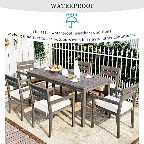 LOUHME 7-Piece Outdoor Patio Dining Table Set with Acacia Wood Table & Chairs Grey