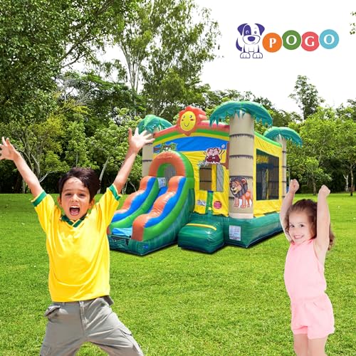 Pogo Bounce House Inflatable Jungle Castle with Slide Tropical Smiley Face