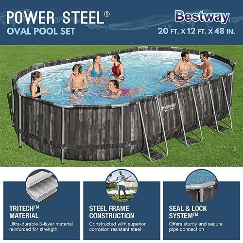 Bestway Power Steel Oval Metal Frame Above Ground Swimming Pool Set Gray Wood Print