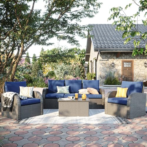 CorLiving Brisbane Wicker/Rattan 6-Piece Conversation Set with Blue Cushions