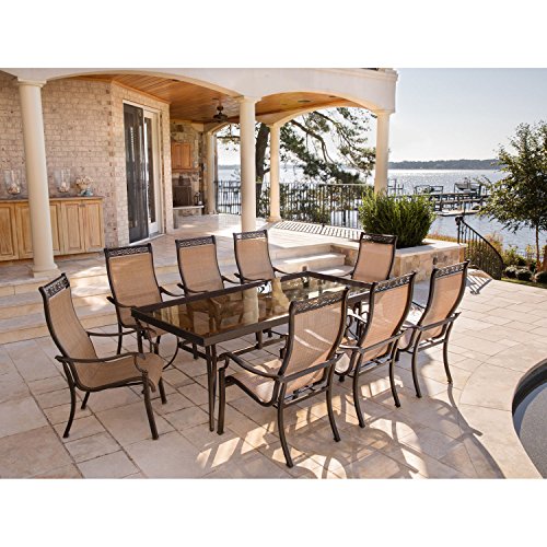 Hanover Monaco 9-Piece Outdoor Dining Set with Glass Table and 8 Chairs Tan