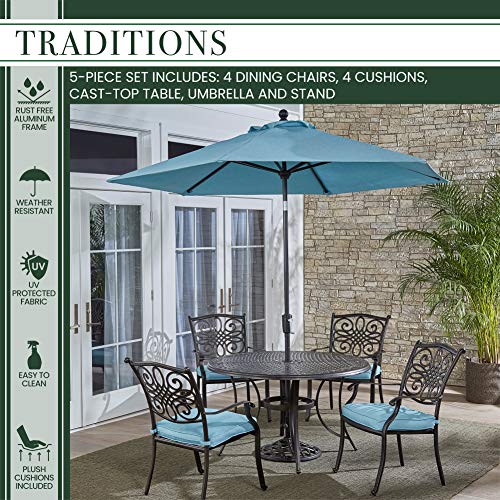 Hanover 5-Piece Traditions 48" Cast-Top Aluminum Patio Dining Set with Cushioned Chairs and Umbrella Stand Blue
