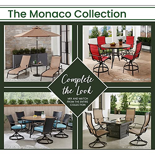 Hanover Monaco 7-Piece Outdoor Patio Dining Set with 6 Cushioned Swivel Rocker Chairs, 60" Round Table, Umbrella & Base, Tan