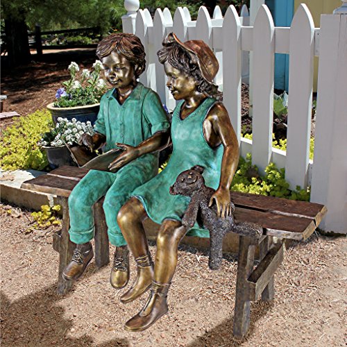 Design Toscano Read to Me Boy and Girl on Bench Cast Bronze Garden Statue Two Tone Bronze & Verdigris