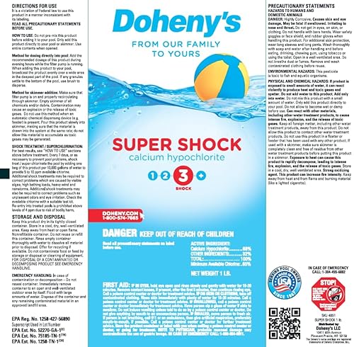 Doheny's Super Pool Shock Pro-Grade Chlorine 68% Cal-Hypo Granular 100lb
