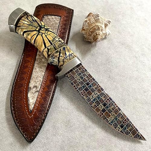 刀苑阁 Detachable Handle Damascus Steel Craft Knife with Leather Cover Yellow