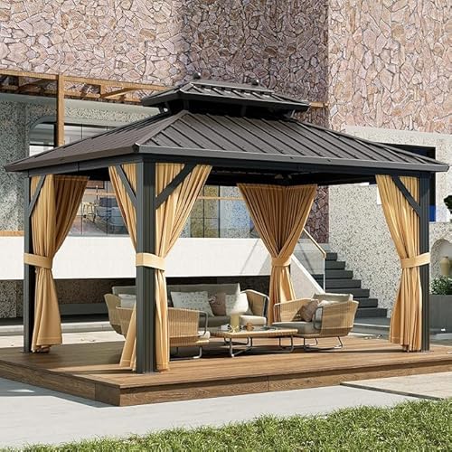 GAOMON Hardtop Gazebo 10x13ft with Nettings and Curtains, Heavy Duty Double Roof for Patio, Backyard, Deck, Lawn Brown