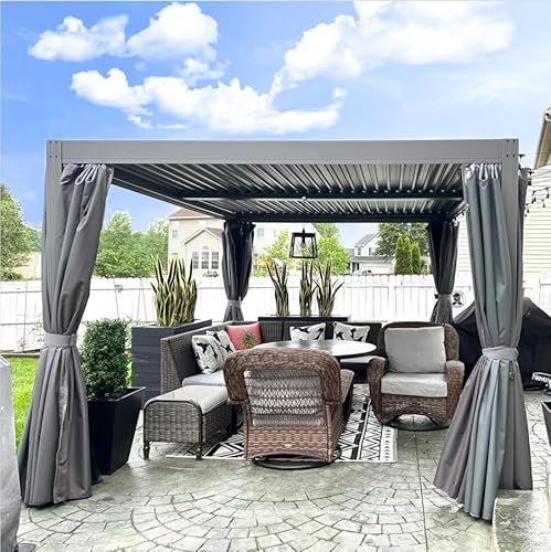 Domi Outdoor Living Louvered Pergola 10x13FT Aluminum Rainproof Backyard with Curtains and Netting Gray